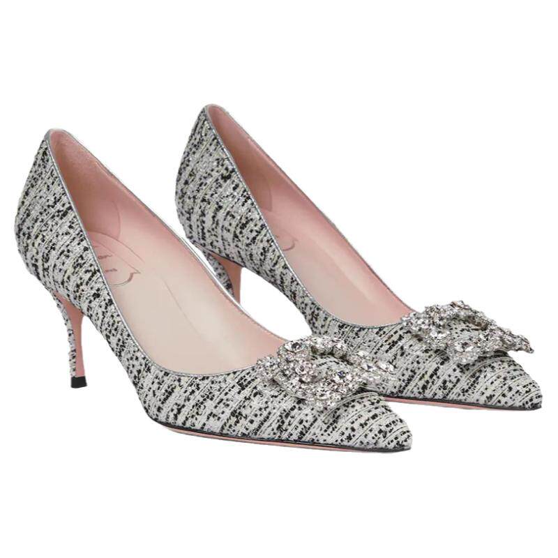 Roger Vivier/罗杰·维维亚女士粗花呢水晶装饰锥形尖头高跟鞋