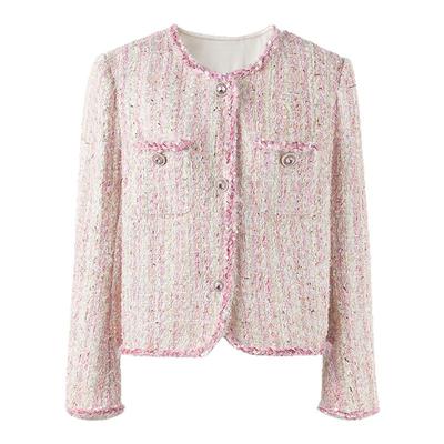 MISSCOCOON可可尼粉色上衣女2025秋冬新款千金小香风粗花呢短外套