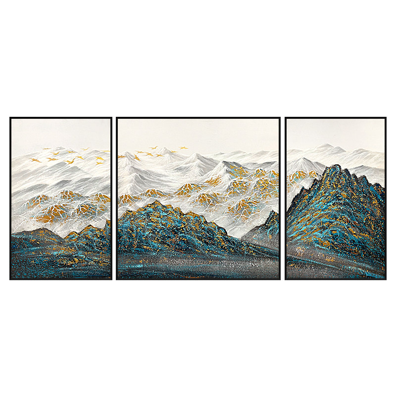 靠山图三联客厅装饰画手绘肌理画