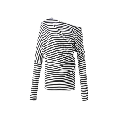 ourhour 腰间抽褶 黑色条纹一字露肩长袖连衣裙 女春设计感裙