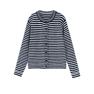 AR半边绒家居服长袖t恤女秋冬保暖细纹条条开衫上衣可外穿睡衣裤