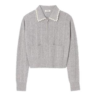 季末7折SANDRO2025秋冬新款女装法式绵羊毛仿珠饰翻领绞花针织衫