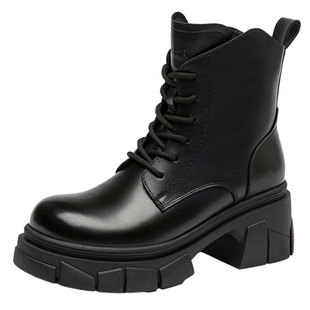 日泰女靴冬季真皮机车靴女加绒保暖骑士靴牛皮短靴显高7CM马丁靴