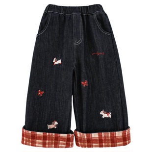 幼悠女童加绒加厚不易褪色牛仔裤冬季童趣可爱丰盈保暖显瘦直筒裤