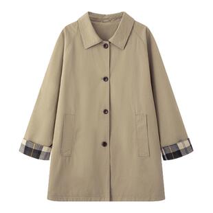 画风drawwind2026春季新款全棉纯色中长款单排扣小翻领风衣外套女