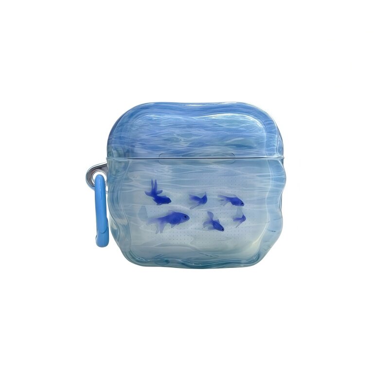 蓝色六条小金鱼适用苹果AirPodspro2耳机壳airpods2/3/4耳机保护套airpodspro3个性创意无线蓝牙波浪纹耳机壳