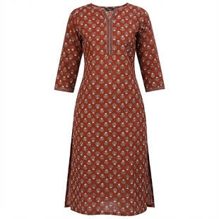 印度进口传统服装女纯棉拓印长款上衣日常薄款民族风库塔栗色服饰