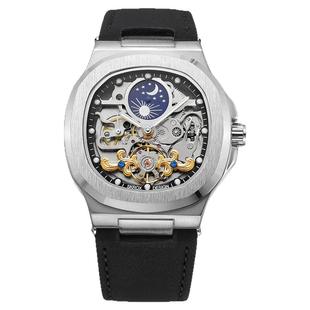 SKROX正品方形月相全自动机械陀飞轮镂空男士手表夜光防水皮带腕