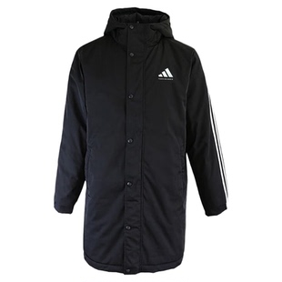 Adidas/阿迪达斯男士连帽中长款棉衣黑色休闲秋冬保暖外套XS