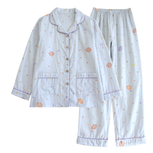 春夏软糯纯棉双层纱睡衣女清新波点草莓长袖长裤宽松家居服两件套