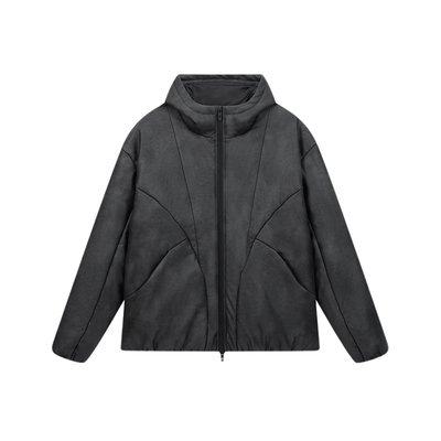 BONELESS洗水做旧PU皮棉服冬季美式高街分割结构连帽保暖外套男