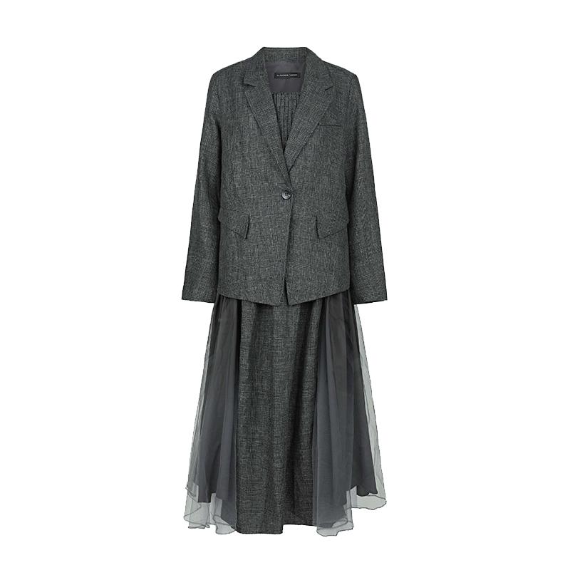 s.deer亚麻网纱吊带裙套装