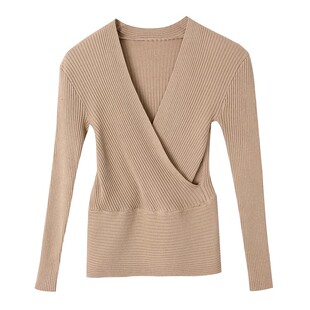 春秋毛衣女性感交叉深V领修身长袖打底衫针织衫设计小众短款上衣