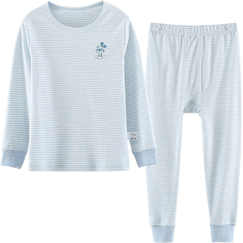 迪士尼男童全棉色纺彩条舒绒三枪内衣套装儿童圆领长袖色织秋衣裤