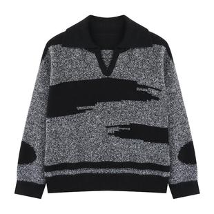 Basic House/百家好撞色翻领毛衣女秋冬复古潮流宽松V领套头上衣