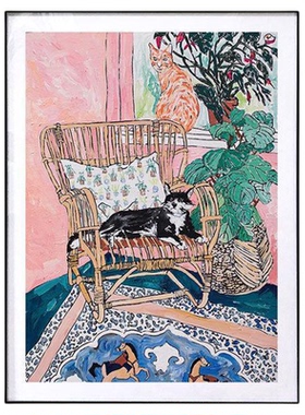 美国艺术家Lara Lee Meintjes 慵懒猫咪房间小众油画卧室装饰画