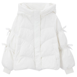 爱依服短款羽绒服女2022冬新款日系甜美宽松灯笼袖蝴蝶结连帽外套