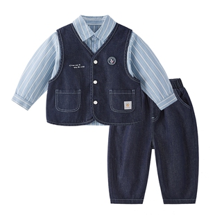 [7A抑菌]儿童牛仔套装春季男童春秋马甲衬衫三件套宝宝春装潮