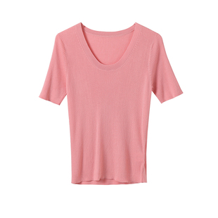 SKYINTL春夏新款莱塞尔上衣修身桑蚕丝天丝针织大圆领短袖T恤女夏