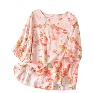 福利款~超值好穿夏柔软水洗透气文艺棉质衬衫女圆领宽松上衣W212