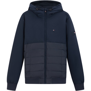 Tommy秋冬男装商务休闲青年通勤简约印花拼接连帽棉服夹克外套