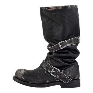 张元英nt3复古褶皱厚底中筒堆堆靴擦色做旧暗黑裤管西部靴骑士靴