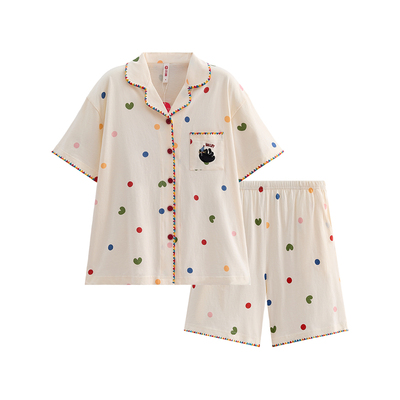 芬腾短袖短裤夏季纯棉开衫家居服