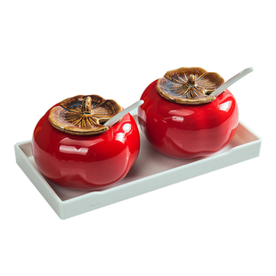 好柿长红辣椒油罐陶瓷调味罐调料盐罐子厨房带盖勺油泼辣子油瓷罐