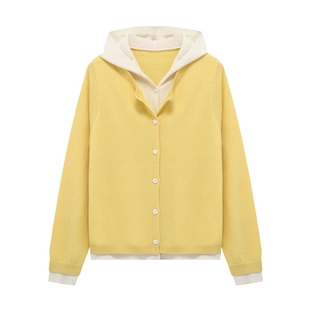 Basic House/百家好连帽假两件羊毛针织开衫女2025秋新款毛衣外套