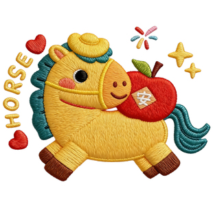 马年新年仿刺绣小马图热转印衣服印花装饰贴高弹胶印白墨烫画现货