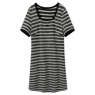 若潮大码女装2025夏季新款复古条纹针织连衣裙短袖胖MM