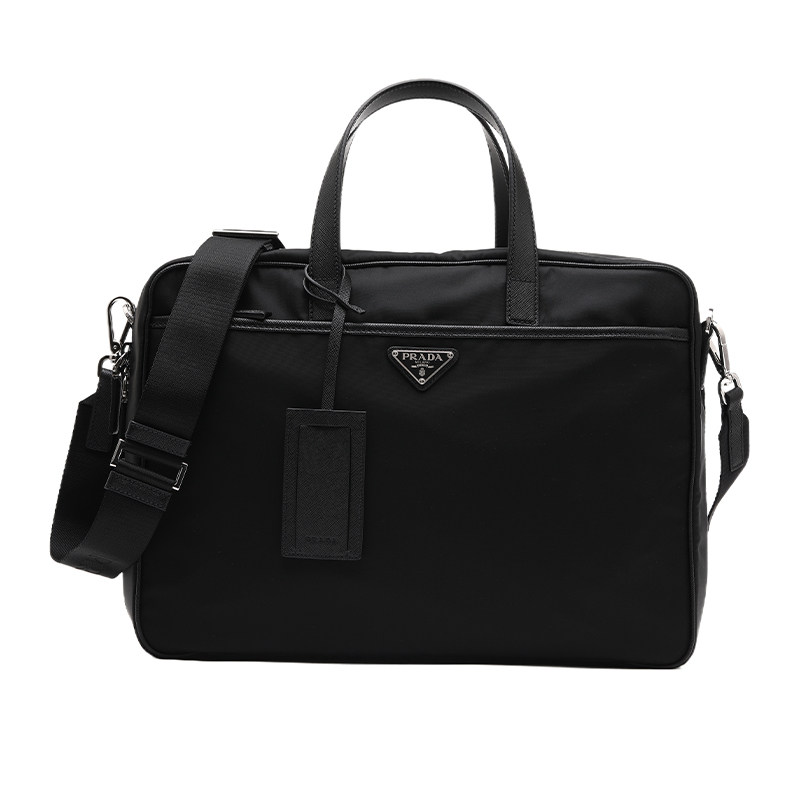 【自营】Prada/普拉达男士三角徽标织物配皮手提单肩斜挎包公文包