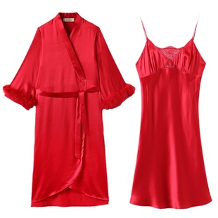 美标真丝睡袍女中长款婚庆睡衣春秋性感吊带睡裙结婚晨袍两件套装