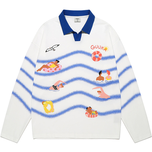 GUUKA潮牌白色重磅纯棉翻领polo衫男款长袖T恤度假风落肩上衣宽松