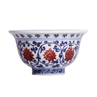 茶与器景德镇仿明小桥窑慕明手绘青花釉里红缠枝莲压手杯系列茶杯