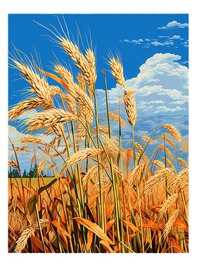 秋季麦田风景手绘装饰画
