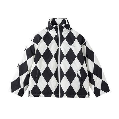 黑白菱格印花休闲羽绒服
