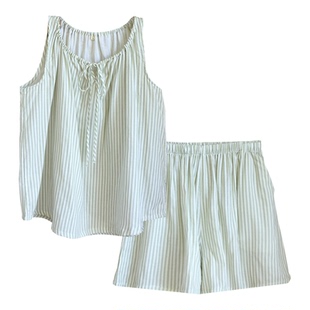 纯棉纱布睡衣女夏季无袖背心短裤套装休闲竖条纹薄款套头家居服