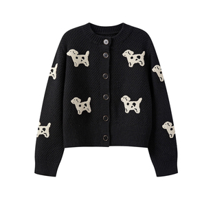 Classy girl 慵懒风黑色小狗印花圆领宽松针织毛衣女冬加厚外套