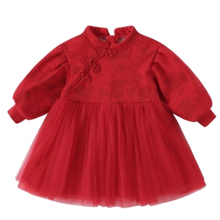 女童红色汉服儿童喜庆抓周礼服唐装旗袍连衣裙周岁秋冬女宝宝衣服