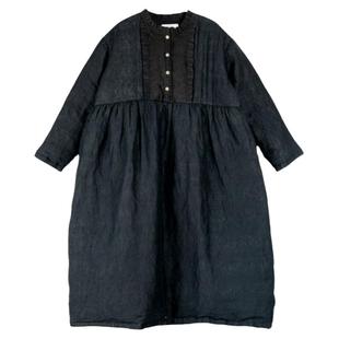 时光黑/听花香亚麻长款黑色羽绒服加厚95白鹅绒鹅绒服外套袍子