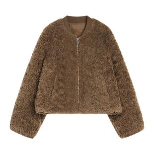 【100%绵羊毛】ELLE复古咖色毛绒短外套女2025冬季新款羊羔毛上衣