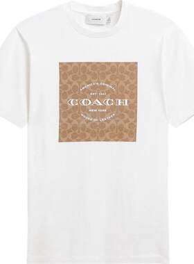 COACH/蔻驰奥莱男士棉质白色经典标志老花方形图案圆领短袖T恤