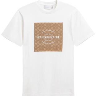 COACH/蔻驰奥莱男士棉质白色经典标志老花方形图案圆领短袖T恤