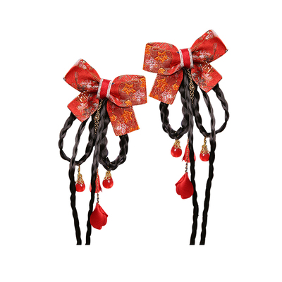 春节红色蝴蝶结儿童假发发夹