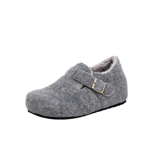 羊羔毛~灰色内增高勃肯鞋女2025冬新款保暖外穿棉鞋毛呢加绒单鞋