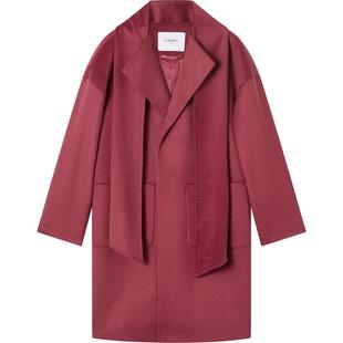 LK BENNETT红色100%绵羊毛大衣2025冬新西装翻领落肩围巾气质外套