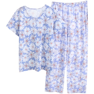 AB内衣夏装新品纯棉短袖长裤圆领中老年妈妈汗衫宽松家居服套装