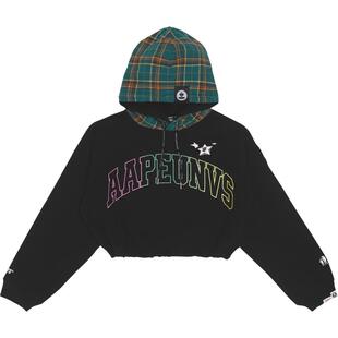 Aape旗舰店女装秋冬拼接字母印花短款格纹连帽厚绒卫衣3921XXJ