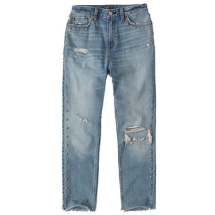 美国代购Abercrombie＆Fitch高腰复古女友风牛仔裤钉珠 203888 AF